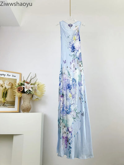 High Quality Autumn Women Fashion Runway Designer 100% Silk Flower Printed Beaded V-Neck Slim Waist Casual Sleeveless Maxi Dress
