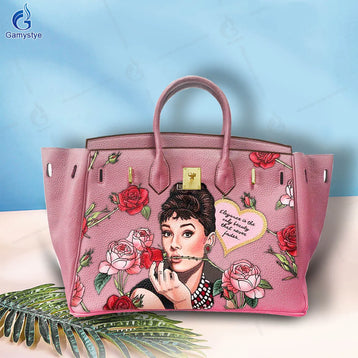 Gamystye Genuine Leather Graffiti Hand Made painted Beauty Girl HandBags Designer Cow Leather Totes women Messenger bags Gold