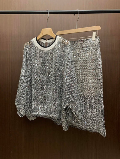 Women's 24 Spring and Summer New Fish Scale Sequins Loose Round Neck Top + Vest Vest + Shorts + Half-body Skirt Set Female