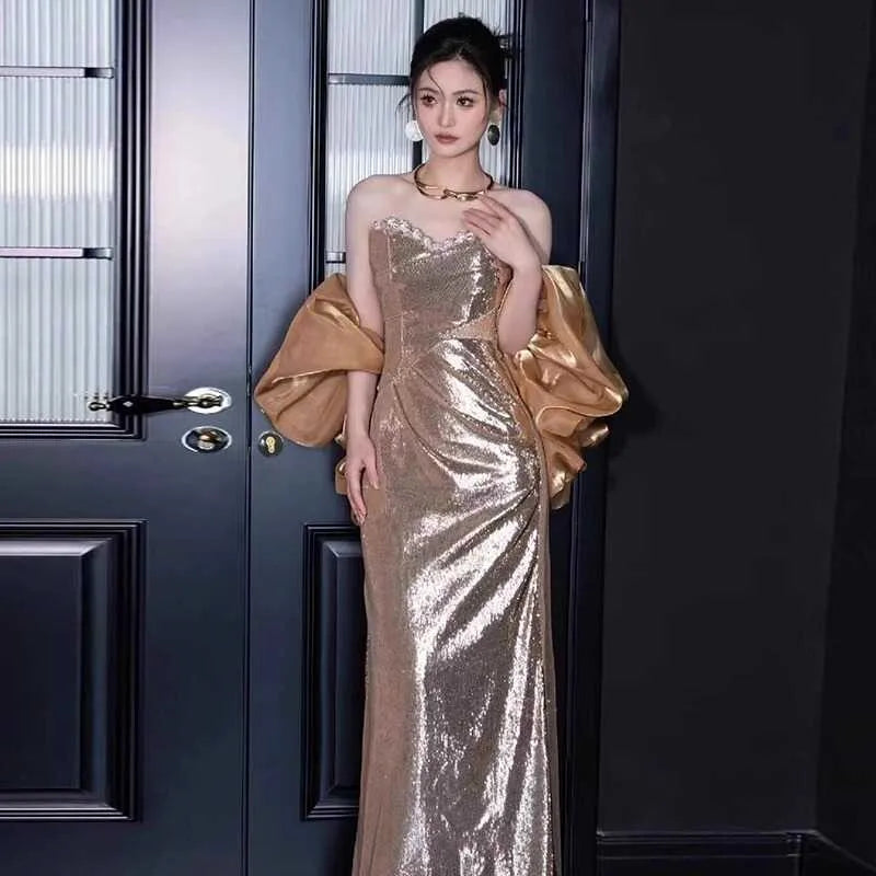Light luxury niche sequin breast fish tail hosted toasting dress