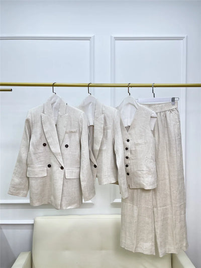 Women's Casual Linen 4 Piece Set  Blazer Jacket + Vest + High Waist Wide Leg Pants Spring Autumn B*C Thin