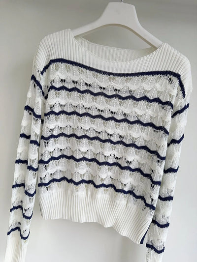 2024 Summer New High Quality Women's Wear Classic casual three-dimensional jacquard striped long sleeved knitted sweater 0527