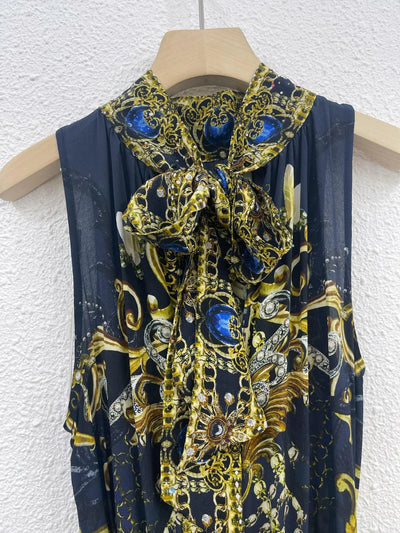 EVACANDIS 100% Real Silk Luxury Bohemian Women New Sleeveless Turtleneck Printing Midi Dress Tunic A-Line Vintage Elegant Chic