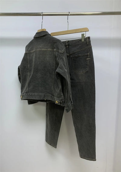 B*C Women's Denim Two-Piece Suits Cotton Vintage Denim Jacket Coat + Female High Waist Jeans Trousers Sets