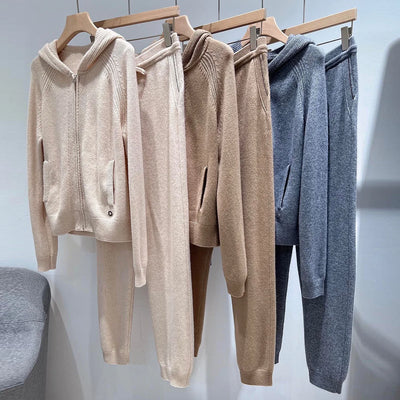 Women'S Fall And Winter New Cashmere Knit Suit Hooded Zipper Cardigan Elastic Waist Casual Pants Two-Piece Female L*p