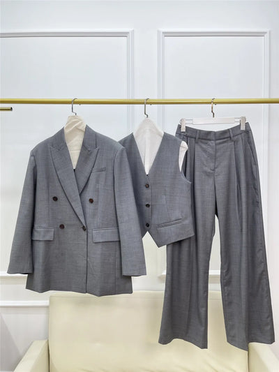 Worsted Wool Gray 3 Piece Set Blazer Jacket/Vest/High Waist Wide Leg Pants Suit  Spring Autumn Women's Clothing