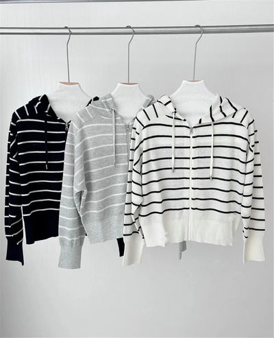 Women's Stripe Hooded Zip Jacket Knit Cardigan Spring 2024B * C