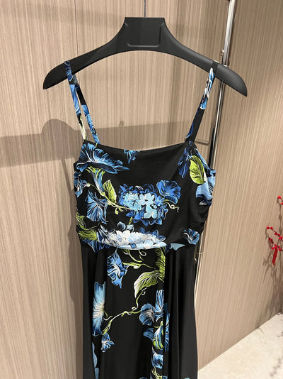 EVACANDIS 100% Real Silk Women New Floral Printing Spaghetti Strap Midi Dress A-Line Beach Style Sweet Elegant Chic High Quality