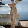 Champagne Satin Sling Dress Seaside Atmosphere Vacation Style Backless