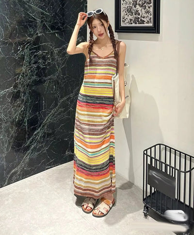 Mixed color striped women long knitted dresses beach holiday spaghetti strap elegant v-neck sweater dress