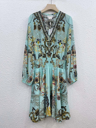 EVACANDIS 100% Real Silk High Quality Women V-Neck Floral Printing Long Puff Sleeve Mini Dress Chic Sexy Sweet Bohemian Vintage