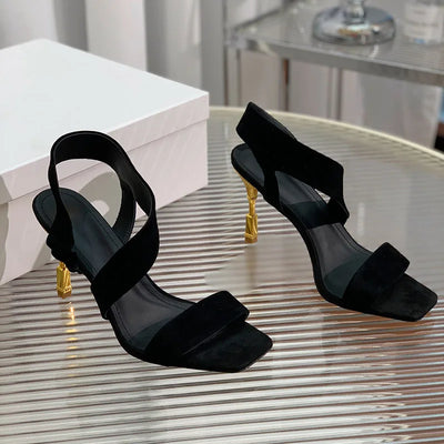 2024 Summer New Sexy Sheepskin Wrapped Metal Heel Sandals with Side Open Toe Roman Style High Heels for Women's Shoes