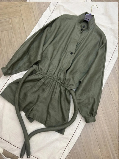 L*P Tie Linen Jumpsuit Shorts  Stand-Up Collar Batwing Sleeve Long-Sleeved Overalls Bodysuits Fashion Casual Woman Clothing