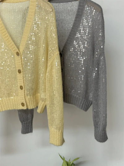 Women's Mohair Blended Sequins Cardigan v-neck Knitted Top Fall B*C New