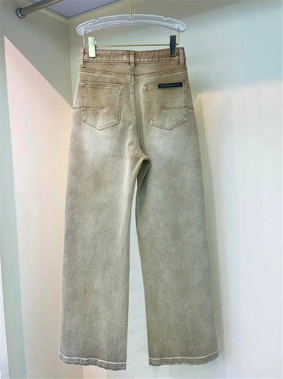 Women's Cotton Jeans, High Waist, Straight, Wide Pants, Female, Full Long Wash Denim Trousers, 2024 B * C