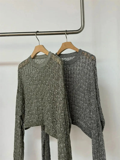 High Quality Women's Pullover Sweater 24 B*C Spring Summer Thin Hollow Sequins Linen Knit Long Sleeve Tops