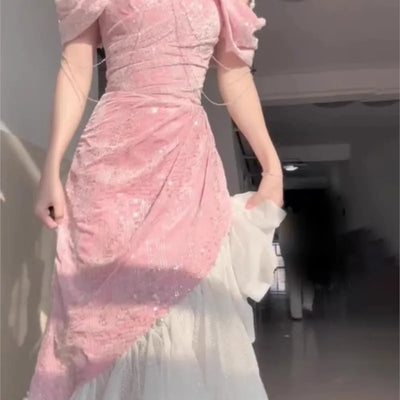 Birthday Little Dress Light Luxury Minority Party Adult Ceremony Pink Sequin off-Shoulder