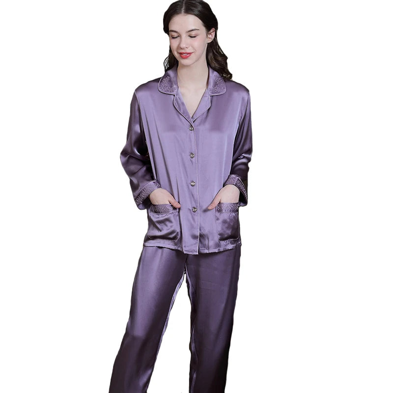 High Quality Real Silk 100% Smooth Long-Sleeved Trousers Two-Piece Set Can Be Outerwear Homewear Purple