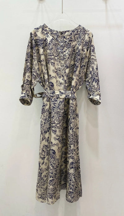 EVACANDIS 100% Real Silk Spring New Women Floral Printing Tunic Midi Dress With Belt O-Neck Half Sleeve Elegant Chic Vintage