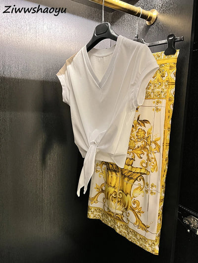 High Quality Summer Women Fashion Runway Designer Cotton White Split T-shirts + Vintage Printed Silk Midi Skirts Sets Suits