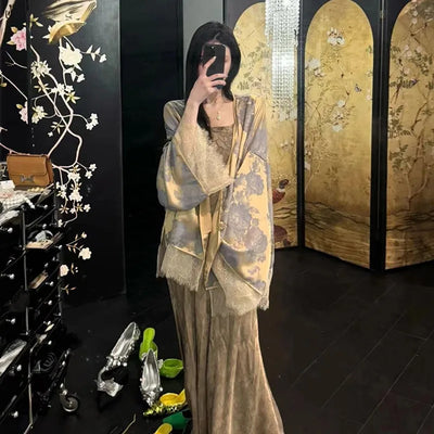 New Chinese Style Printed Lace Stitching Loose and Lazy Fashion Elegant Retro Easy Matching Coat