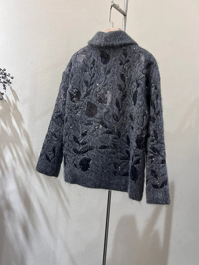 Winter B*C Women's Sequined Wool Mohair Blend Cardigan Jacket Floral Thickened Stand-up Collar Warm Retro Short Women's Cardigan