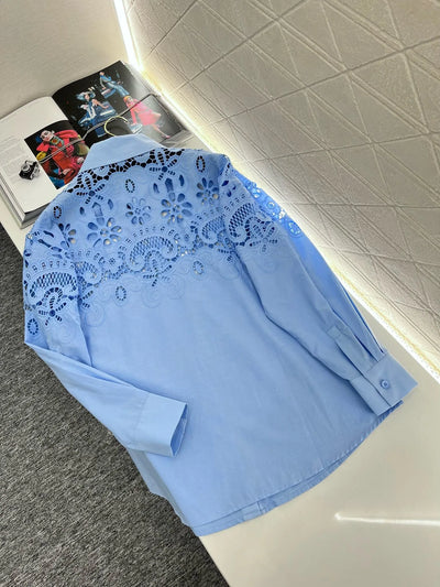 EVACANDIS Women High Quality Embroidery Floral Hollow Out Turn-down Collar Long Sleeve Shirts and Shorts Sets Casual Elegant