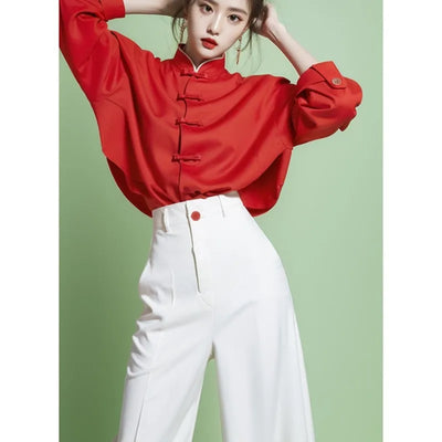 Early Wear with a Set of Fashionable New Chinese Style Traditional Red Satin Shirt Casual Pants Suit Women