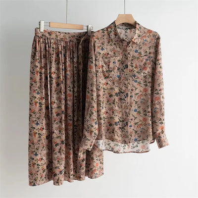 L*P Women's Silk Suit 2024 Spring Summer Print Long Sleeves Blouse+  Belts Long Dress
