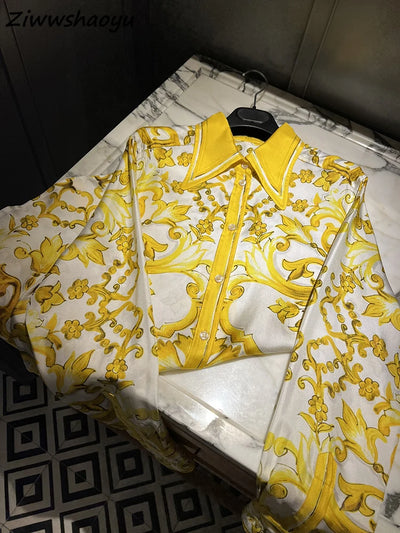 High Quality Summer Women Fashion Runway Designer Lantern Long Sleeve Yellow And White Porcelain Printing Silk Shirts Blouses