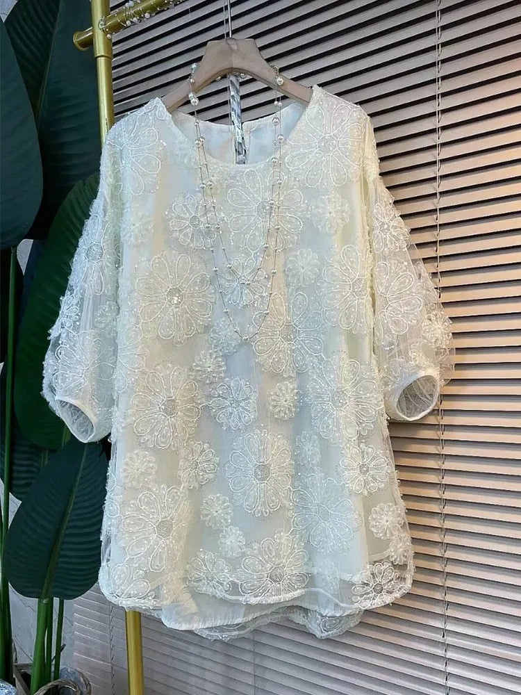 French Fashion Short-Sleeved Flower Lace Shirt Korean Style Large Size Women's Sweet Temperament Pullover Loose Blouse Women
