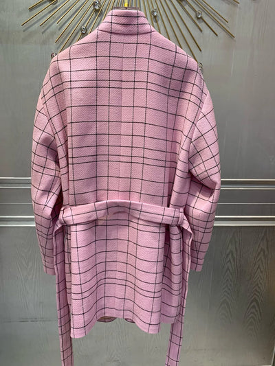 EVACANDIS High Quality Women New Pink Plaid Long Sleeve Lace-up Pockets Wool Coat Chic Elegant Sweet Luxury Vintage Casual Tops