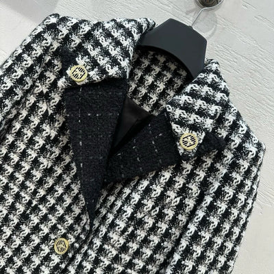 EVACANDIS Women Turn-down Collar New Autumn Handmade Black White Plaid Weave Tweed Blazer Coat England Style Vintage Sweet Tops