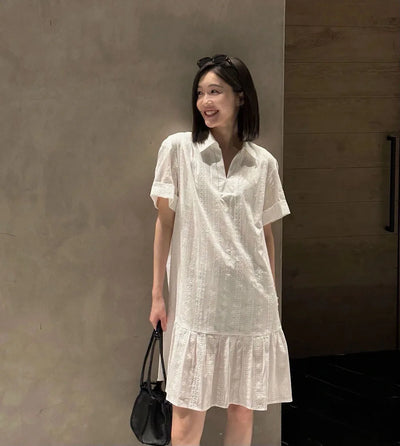 Embroidery hollow out turn down collar belt white min dresses women summer short sleeve casual loose dress