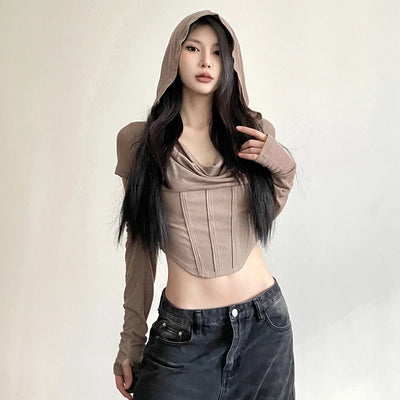 Designer Personality Wasteland Style Versatile Cut-off Long-Sleeved T-shirt Solid Color Outer Wear Hooded Navel Fishbone Top