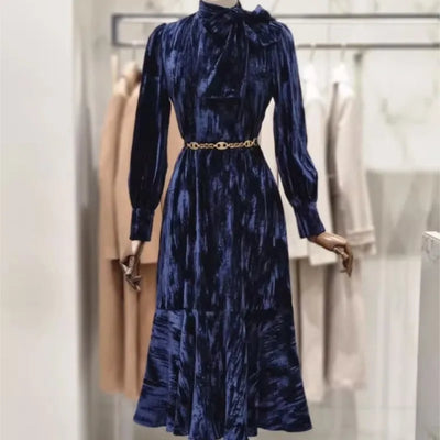 Exquisite Hepburn Style Long Dress Lace-up Sleeve Blue for Women