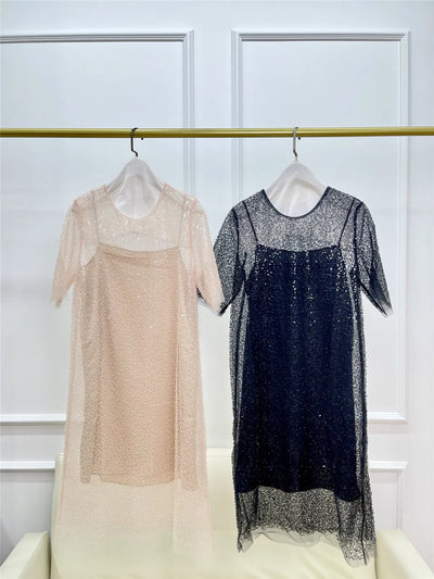 B*C New Women's Two-piece Dress Handmade Beading Sequins Dresses Short Sleeve Straight Long Skirt Woman Clothing