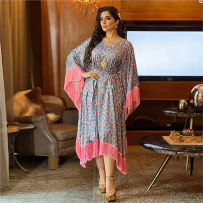 New European and American Muslim Women's Wear Fashion Tassel Stitching Large Sleeves Dress