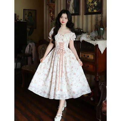 Lace-up Square Collar Floral Slimming Jumpsuit Mid-Length Mori Style First Skirt