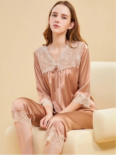 100% High-End Silk Pajamas Two-Piece Suit Spring and Autumn Summer Western Style Long Pants Home Wear for Women