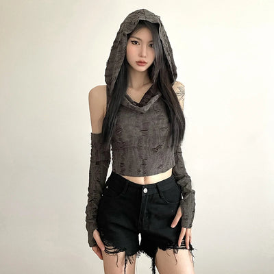 Designer Wasteland Style Distressed Hooded Sleeveless T-shirt Daily Casual Fashion Personality Short Top