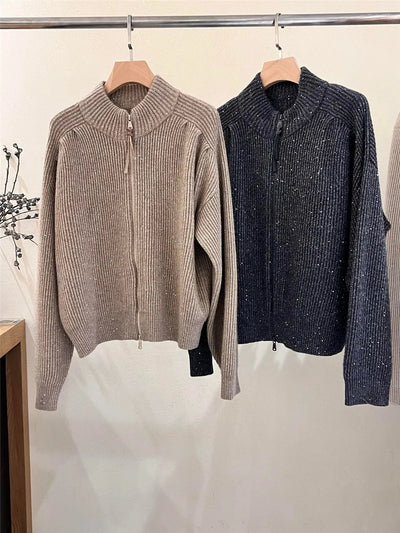 Fall Winter B*C Women's Sequins Zipper Sweater Female Turtleneck Long Sleeve Knit Cardigan