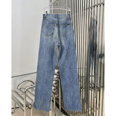 High-waist Fashion Straight-leg Pants High-end Classic Washed Whiskering Jeans for Women