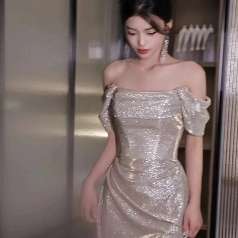 A word shoulder light luxury niche sense silver temperament sequin toast dress host female
