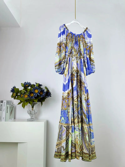 EVACANDIS 100% Real Silk High Quality Women Printing Lantern Sleeve Slash Neck Elastic Midi Dress Bohemian Sweet Casual Elegant