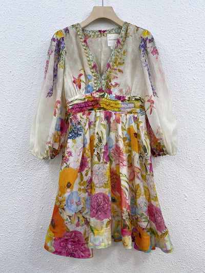 EVACANDIS Women Bohemian Luxury New Silk Linen Long Puff Sleeve Floral Printing Mini Dress V-Neck Vintage Chic Elegant Sweet