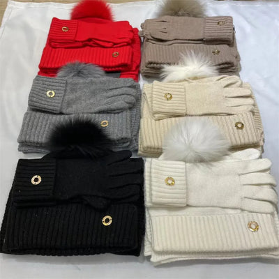 Winter Warm Wool Knitting Set Fox Fur Hat Gloves And Scarf Men and Women Cold Three-Piece Set Of L*P