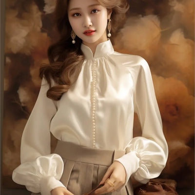 White High Collar Satin Shirt Women's Thickened Western Style Warm Base Ride Top