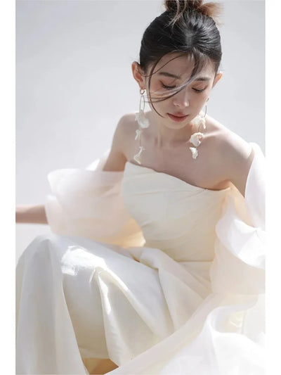 French Tube Top Light Wedding Dress Mori Style Veil Fishtail Satin Bride