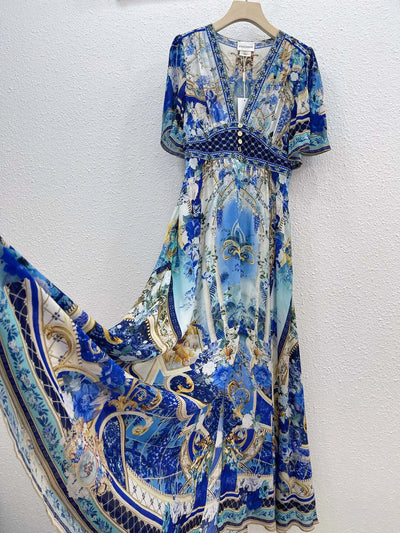 EVACANDIS 100% Real Silk Short Puff Sleeve V-Neck Floral Printing Women Midi Dress High Quality Bohemian Vintage Luxury Tunic